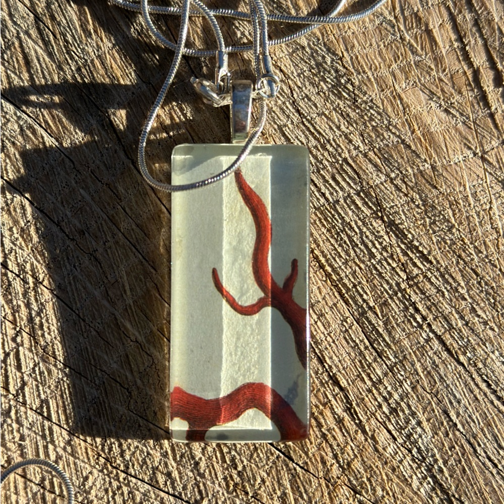 - Handmade glass cabochon necklace with vintage red coral art decopauge pa…